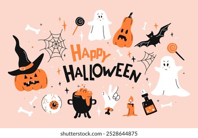 Cartaz ou cartão de Halloween moderno e elegante com letras, fantasmas, chapéus, abóboras decorativas, poção mágica, ossos, morcegos, doces e estrelas. Ilustração plana vetorial sobre fundo rosa