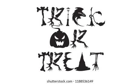 Spooky trick or treat text with flying witch isolated on white background. scary, haunted and creepy wood texture hand lettering for party invitation, greeting card, banner