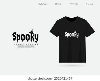 Spooky typography t-shirt design with black and white color. Spooky wordmark design with pumpkins, spider web, and t-shirt vector. Happy Halloween t-shirt design.