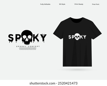 Spooky typography t-shirt design with black and white color. Spooky wordmark design with skull and t-shirt vector. Happy Halloween t-shirt design.