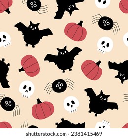 Spooky vampire bat, scull, pumpkin and black spider hand drawn vector illustration. Scary seamless pattern for halloween decoration, fabric or wallpaper.