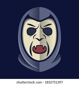 Spooky vampire face mask with dark grey hood on dark background