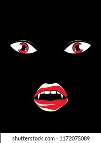 Spooky vampire face with red eyes in the dark, halloween illustration.