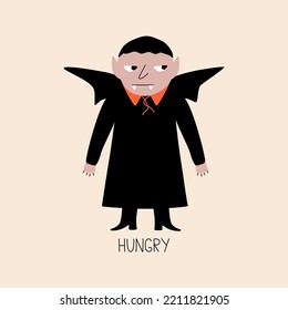 Spooky vampire man with teeth in black costume hand drawn vector illustration. Funny isolated Dracula character in flat style for icon or sign. "Hungry" Halloween party card.