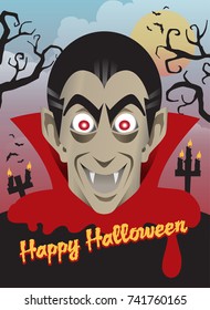 Spooky Vampire vector, Happy Halloween concept in retro style with cross, candles, bats, dead tree and full moon in background 
