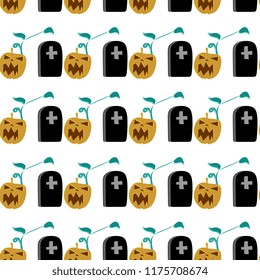 Spooky vector of halloween pumpkin seamless pattern illustration multicolor isolated on black background. Trendy popular autumn theme for baby and children fashion textile and print.