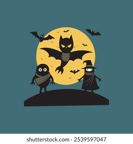 A spooky vector illustration featuring Halloween-themed elements like flying bats, foxes, and eerie accents, perfect for haunted designs and seasonal projects.