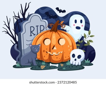 Spooky vector illustration featuring a menacing pumpkin, eerie ghost, ominous gravestone, and menacing skull bones. Perfect for greeting card, postcard, Halloween themed project, etc.