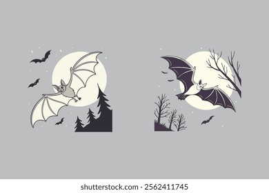 A spooky vector illustration of a Halloween bat flying across a glowing moonlit night, perfect for festive decorations, invitations, and themed designs.