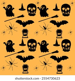 A spooky vector illustration pattern featuring Halloween icons like spiders, skulls, ghosts, witch hats, brooms, bats, and tombstones. Ideal for festive designs and decorations.