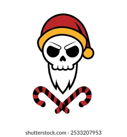 A spooky vector illustration of a scary Santa Claus. A human skull wearing a hat of Santa Clause