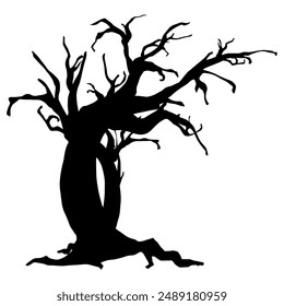 Spooky vector illustration of a twisted, bare tree, perfect for Halloween and eerie-themed projects. Ideal for decorations, invitations, websites, and print media