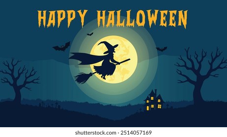 Spooky Vector Illustration of a Witch Flying on a Broomstick Under a Full Moon with Bats and a Haunted Castle