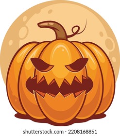 Spooky Vector Lantern Pumpkin Happy Halloween  Illustration, Cute Evil Horror Character. Jack O Lantern