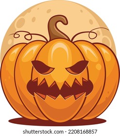 Spooky Vector Lantern Pumpkin Happy Halloween  Illustration, Cute Evil Horror Character. Jack O Lantern