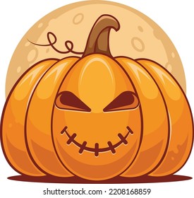 Spooky Vector Lantern Pumpkin Happy Halloween  Illustration, Cute Evil Horror Character. Jack O Lantern