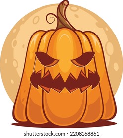 Spooky Vector Lantern Pumpkin Happy Halloween  Illustration, Cute Evil Horror Character. Jack O Lantern