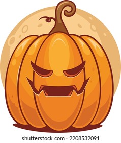 Spooky Vector Lantern Pumpkin Happy Halloween  Illustration, Cute Evil Horror Character. Jack O Lantern