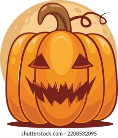 Spooky Vector Lantern Pumpkin Happy Halloween  Illustration, Cute Evil Horror Character. Jack O Lantern