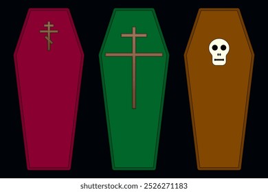 A spooky vector set of three Halloween coffins with crosses and a skull, perfect for holiday-themed designs and decorations.