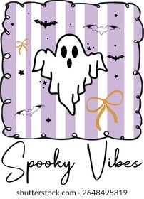 "Spooky Vibes Cute Ghost Halloween  typography T-Shirt Design with Bats and Ribbon on Pastel Background"