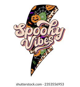 Spooky Vibes design with halloween leopard lightning bolt and retro vintage text, for halloween celebrating.