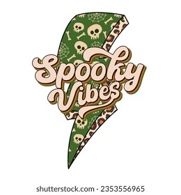 Spooky Vibes design with halloween leopard lightning bolt and retro vintage text, for halloween celebrating.