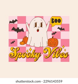 Spooky vibes groovy vector illustration. Cartoon retro design with cute ghost, pumpkin and pink checkered background. 70s 80s Halloween concept for greeting card or print. Vintage autumn