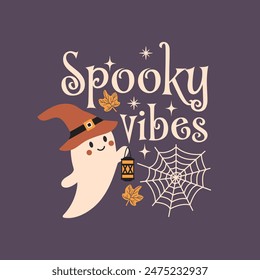 Spooky vibes Halloween vector quote. Cute ghost vector illustration. Halloween haunted, boo spooky. Happy Holiday quote, funny design. 