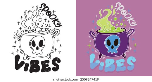 Vibraciones espeluznantes. Feliz ambiente de Halloween - cita de letras. Letras para el diseño de la camiseta, impresión de la taza, impresión del bolso, moda de la ropa. Imagen de Vector 100% dibujado a mano.