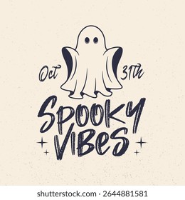 Spooky Vibes logo. Ghost emblem. Ghost vintage icon. Hipster design. Print for T-shirt. Vector illustration