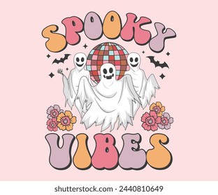 Spooky vibes Retro T-shirt, Retro Halloween Shirt, Spooky Season, Ghost pumpkin T-shirt, Trendy Halloween, Hippie Halloween, Ghouls T-shirt, Cut File For Cricut And Silhouette