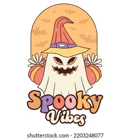 Spooky Vibes with Witches Ghost. Cute Retro Halloween Design, Retro Halloween Poster.