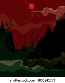 Spooky view of annular solar eclipse with the sky cover with red colors and a weird mist in the forest.