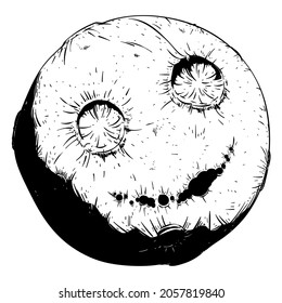 Spooky view of rounded happy moon with craters forming its smile on the surface. Design in hand drawn style.
