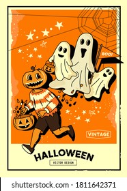 Spooky vintage halloween event layout background with trick or treat characters and ghosts. Vector background illustration.