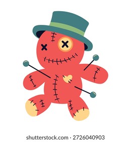 Personaje de muñeca de vudú espeluznante con alfileres y sombrero de copa.