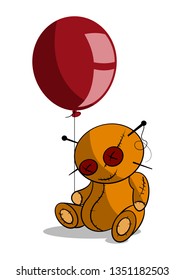Spooky voodoo doll holding a red balloon 