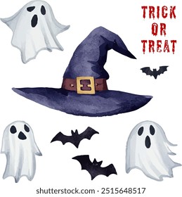 Conjuntos de Halloween em aquarela assustadora com fantasmas, morcegos, chapéu de bruxa, texto de Truque ou Trato. Ideal para decorações de Halloween, convites, projetos sazonais com uma vibração divertida e misteriosa. Vetor de Halloween definido