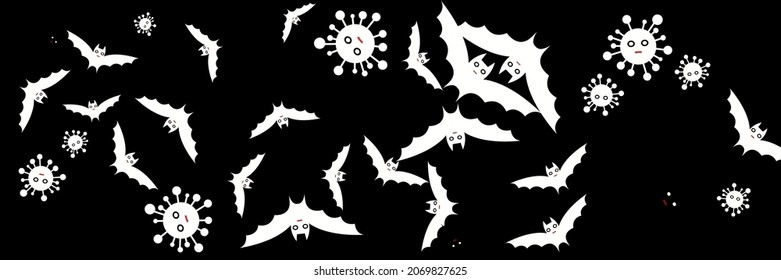 Spooky White Creepy Bloody Vaccination Backdrop. Scary Epidemic Corona Covid Horror Illustration. Funny Mysterious Gothic Faces Party Bats. Vampire Dracula Red Cartoon Virus Halloween Design.