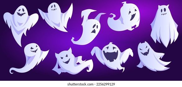 Spooky White Ghost or Spirit of Dead Flying on Blue Background Vector Set