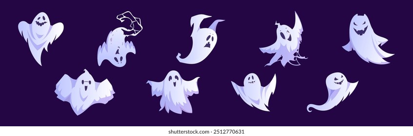 Spooky White Ghost or Spirit of Dead Flying on Blue Background Vector Set