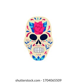 Spooky white sugar skull painted with red rose flower ornament - Mexican day of the dead symbol isolated on white background. Flat vector illustration.