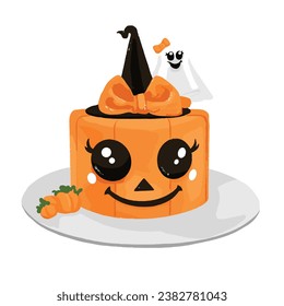 Spooky whole cake with white background, vector illustration, food drawing, halloween