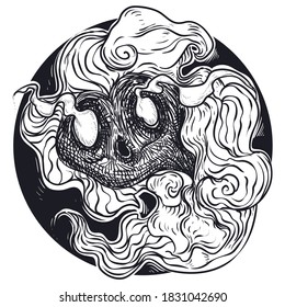 Spooky will-o-wisp spirit with flaming eyes ready to lurk in the night, with haze around it to scare you.