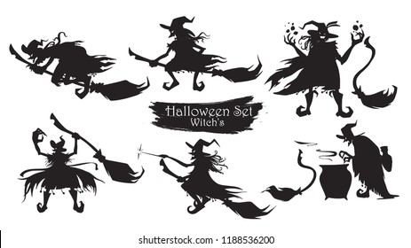 Spooky witch with brooms and hats silhouette collection of Halloween vector isolated on white background. scary and creepy element