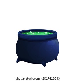 Spooky witch caldron with green magic soup in cartoon style isolated on white background. Ui asset, lab game, withcraft object