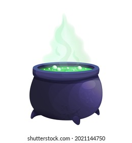 Spooky witch caldron with green magic soup in cartoon style isolated on white background. Ui asset, lab game, withcraft object