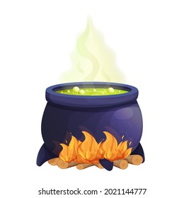 Spooky witch caldron with green magic soup, fire in cartoon style isolated on white background. Ui asset, lab game, withcraft object