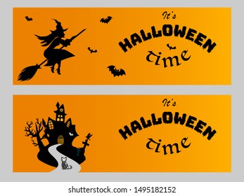 Spooky witch and castle Halloween poster, cartoon background for greetings and party invitation cards, posters, postcards. Graphic vector illustration, with cute characters and symbols for your design